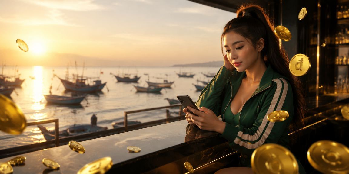 Cảnh bãi biển Mũi Né buổi chiều, người dùng kiểm tra hoàn trả cược trên điện thoại