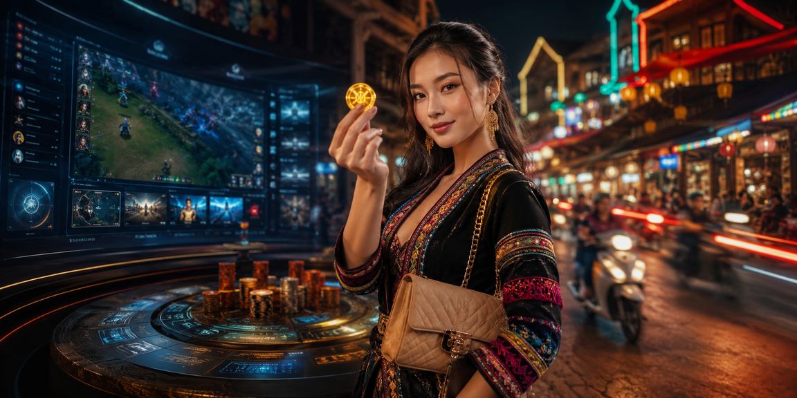 Quang cảnh đêm Sapa với ánh đèn neon, người trẻ theo dõi xổ số và đặt cược trực tuyến